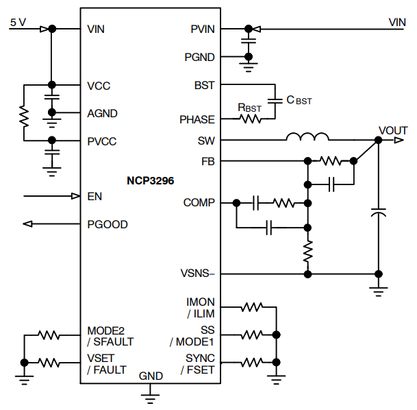 应用电路图 - onsemi NCP3296可堆叠同步降压稳压器